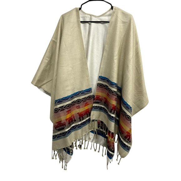 Southwestern Style Beige Poncho With Multicolor Pattern & Fringe Details - Picture 1 of 6